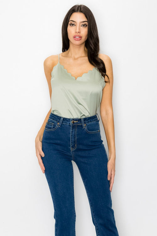 Olive Satin Scallop V-Neck Cami Top – Adjustable Straps & Square Back by Blaire Shops