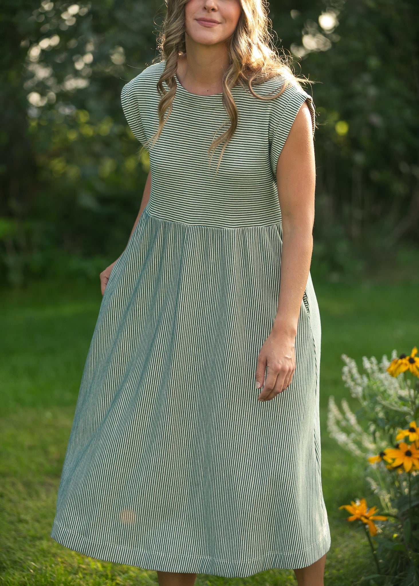 Inherit Co. Olivia Green A-line Striped  Midi Dress — back view