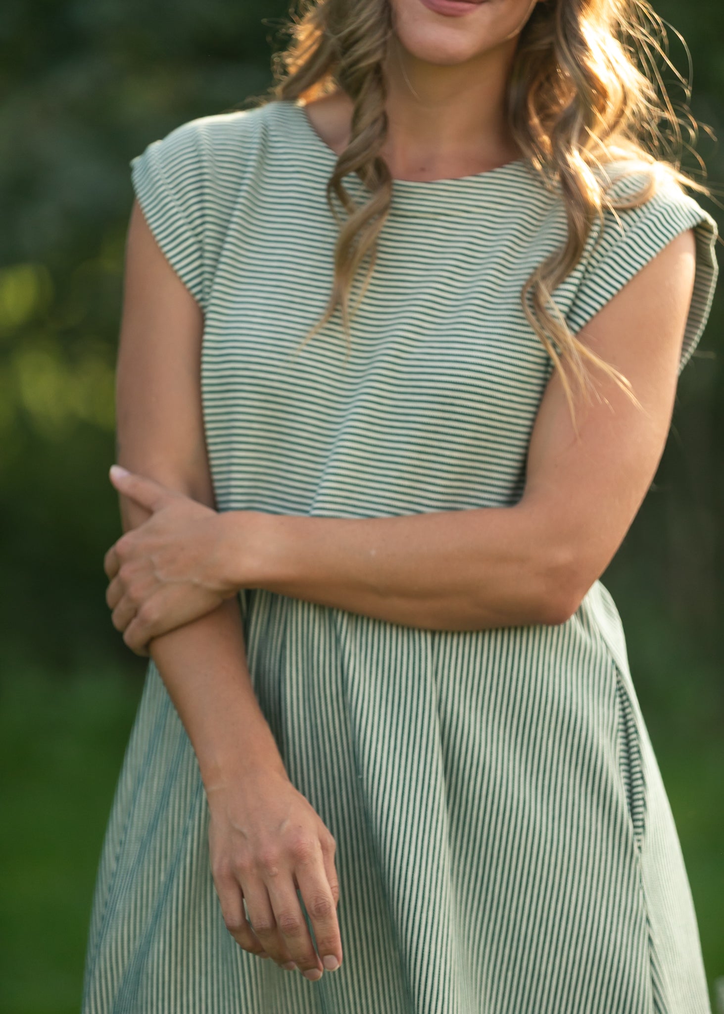 Inherit Co. Olivia Green A-line Striped  Midi Dress — color detail