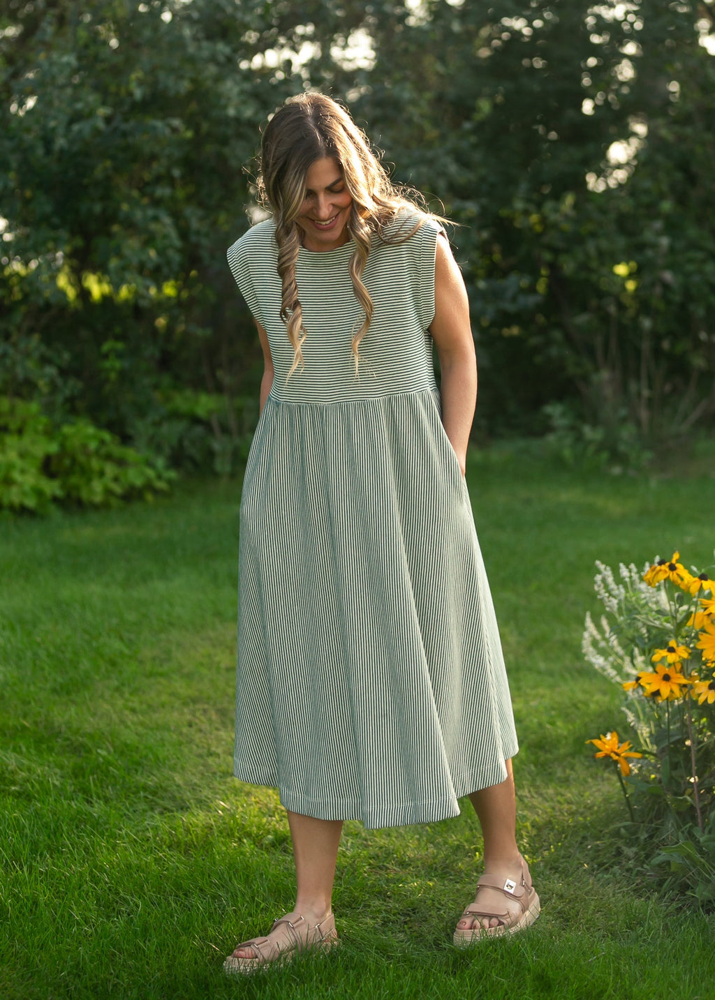 Inherit Co. Olivia Green A-line Striped  Midi Dress — side view