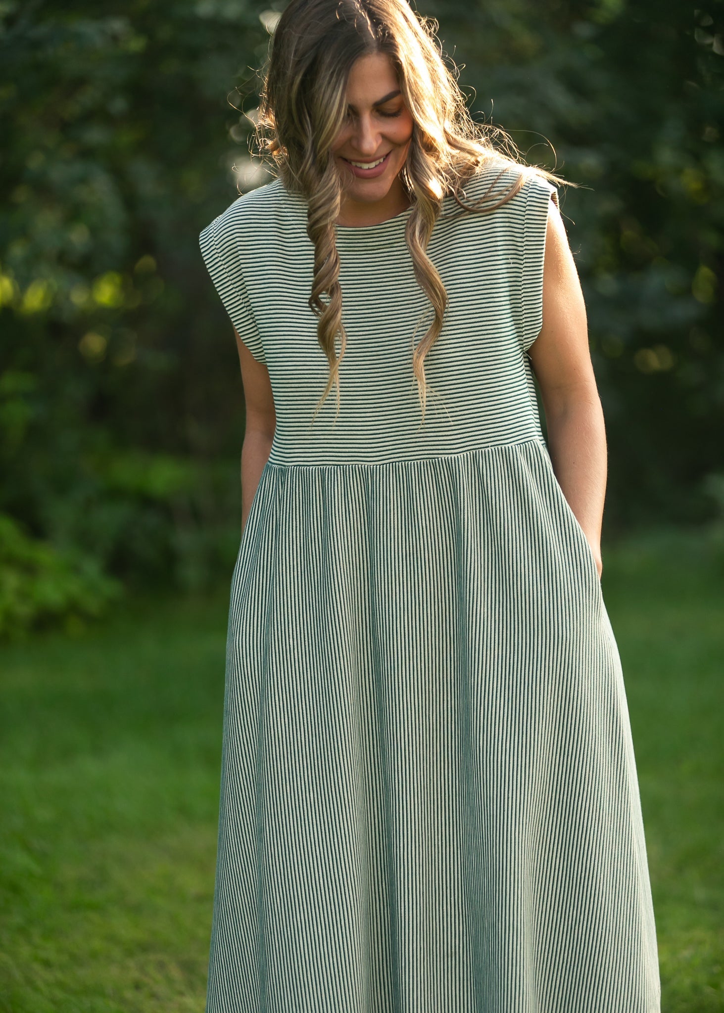Inherit Co. Olivia Green A-line Striped  Midi Dress — alternative angle