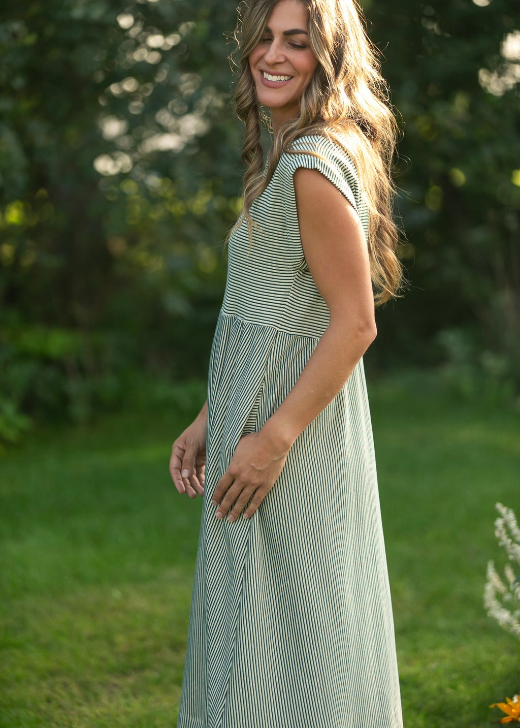 Inherit Co. Olivia Green A-line Striped  Midi Dress — in-use photo