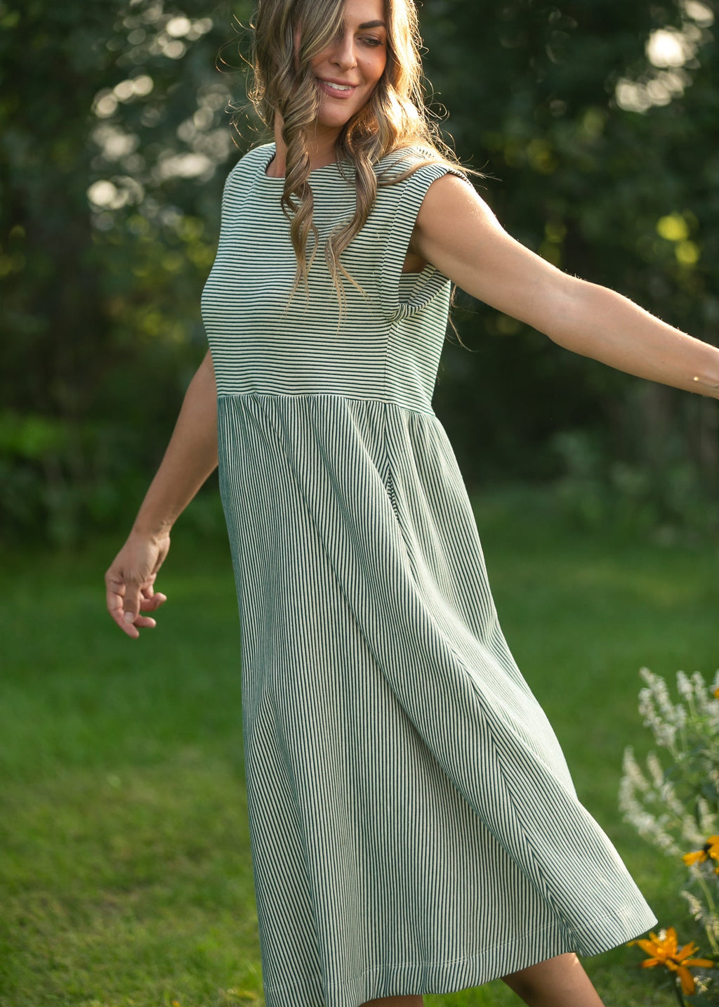 Inherit Co. Olivia Green A-line Striped  Midi Dress — size reference