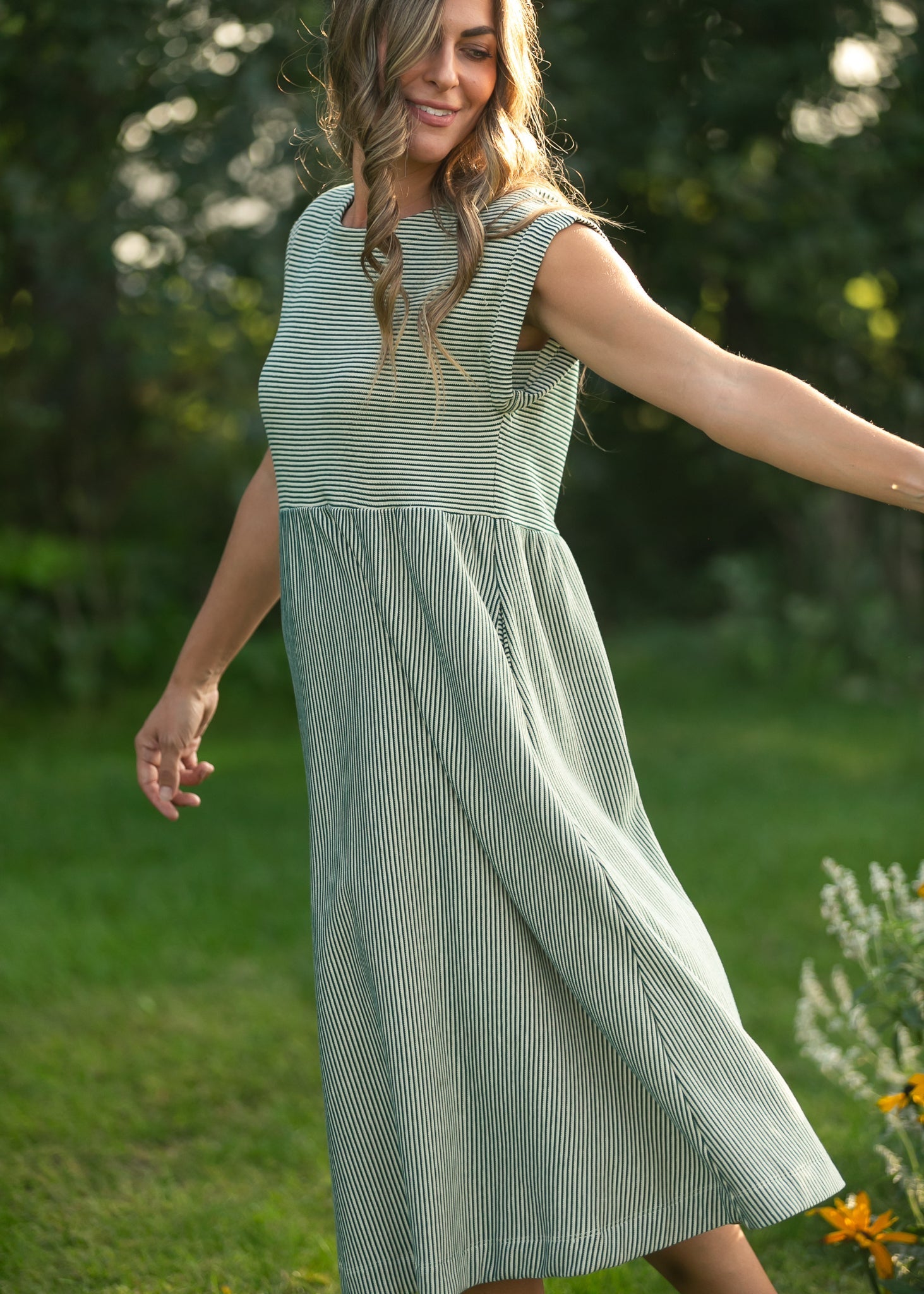 Inherit Co. Olivia Green A-line Striped  Midi Dress — size reference