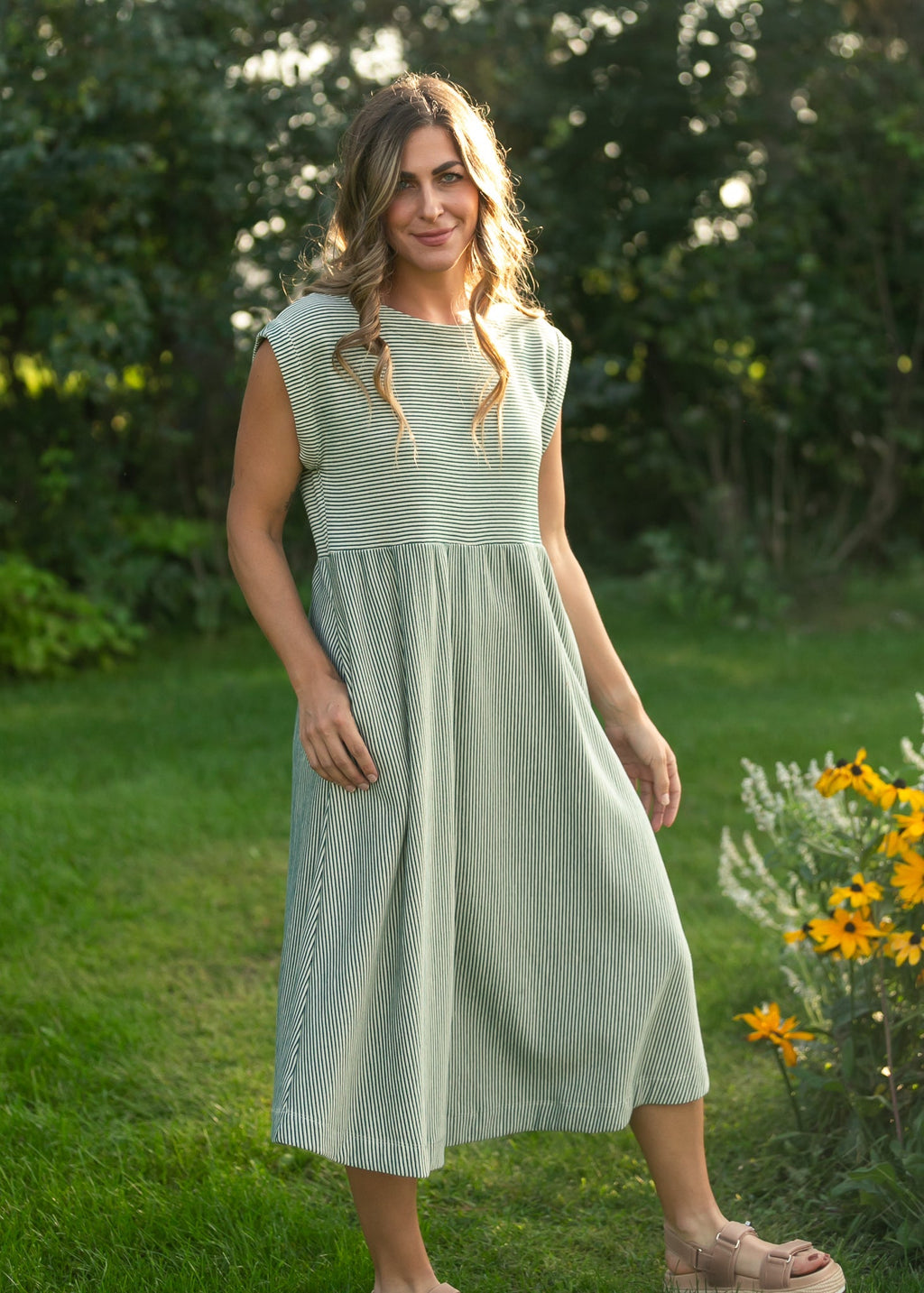Inherit Co. Olivia Green A-line Striped  Midi Dress — lifestyle context