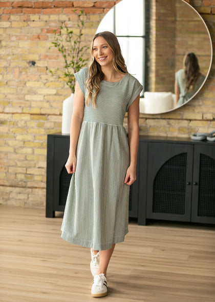 Inherit Co. Olivia Green A-line Striped  Midi Dress — main product shot