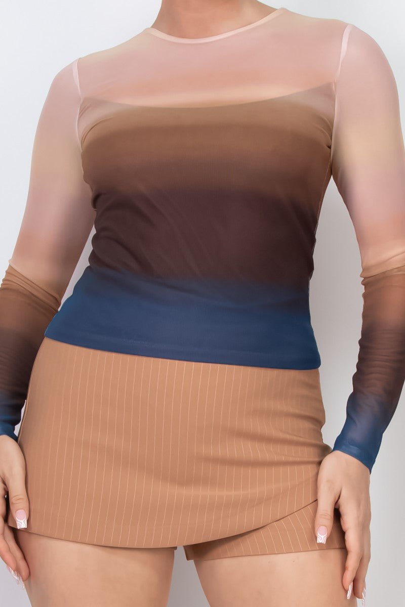 Ombre Mesh Long Sleeve Top – Sheer Gradient Fitted Tee