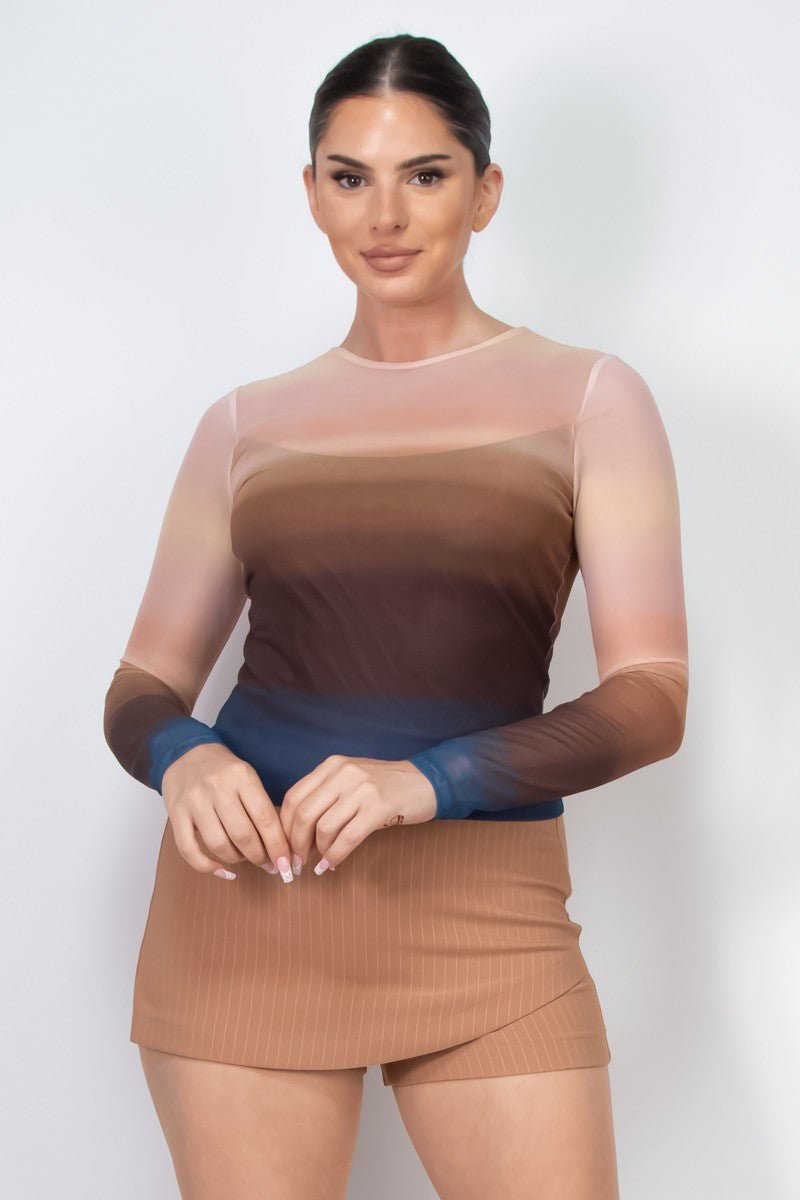 Ombre Mesh Long Sleeve Top – Sheer Gradient Fitted Tee