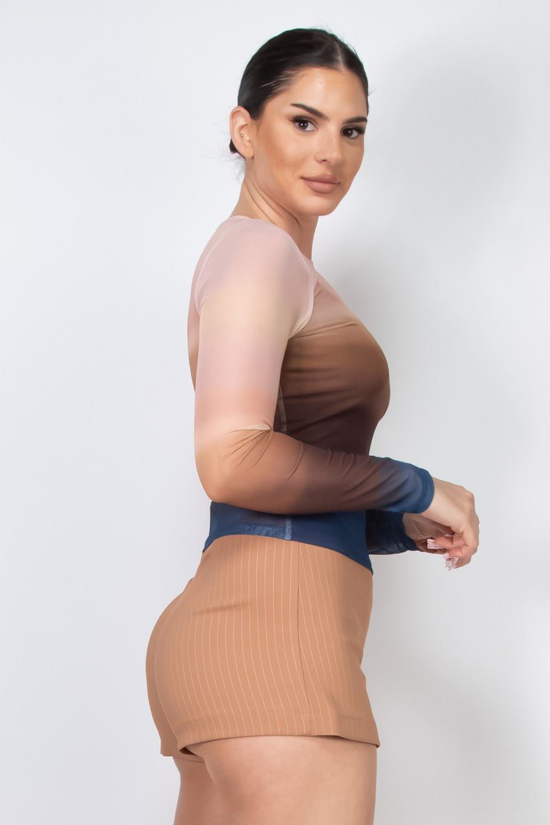 Ombre Mesh Long Sleeve Top – Sheer Gradient Fitted Tee