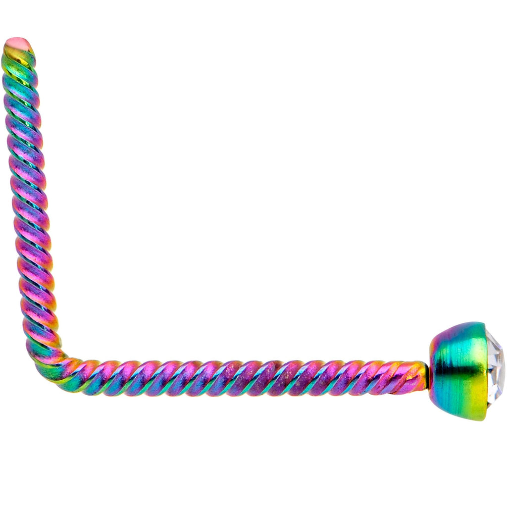 BodyCandy Clear 2mm Gem Inlay Rainbow IP So Twisted L Shaped Nose Ring — detail and construction