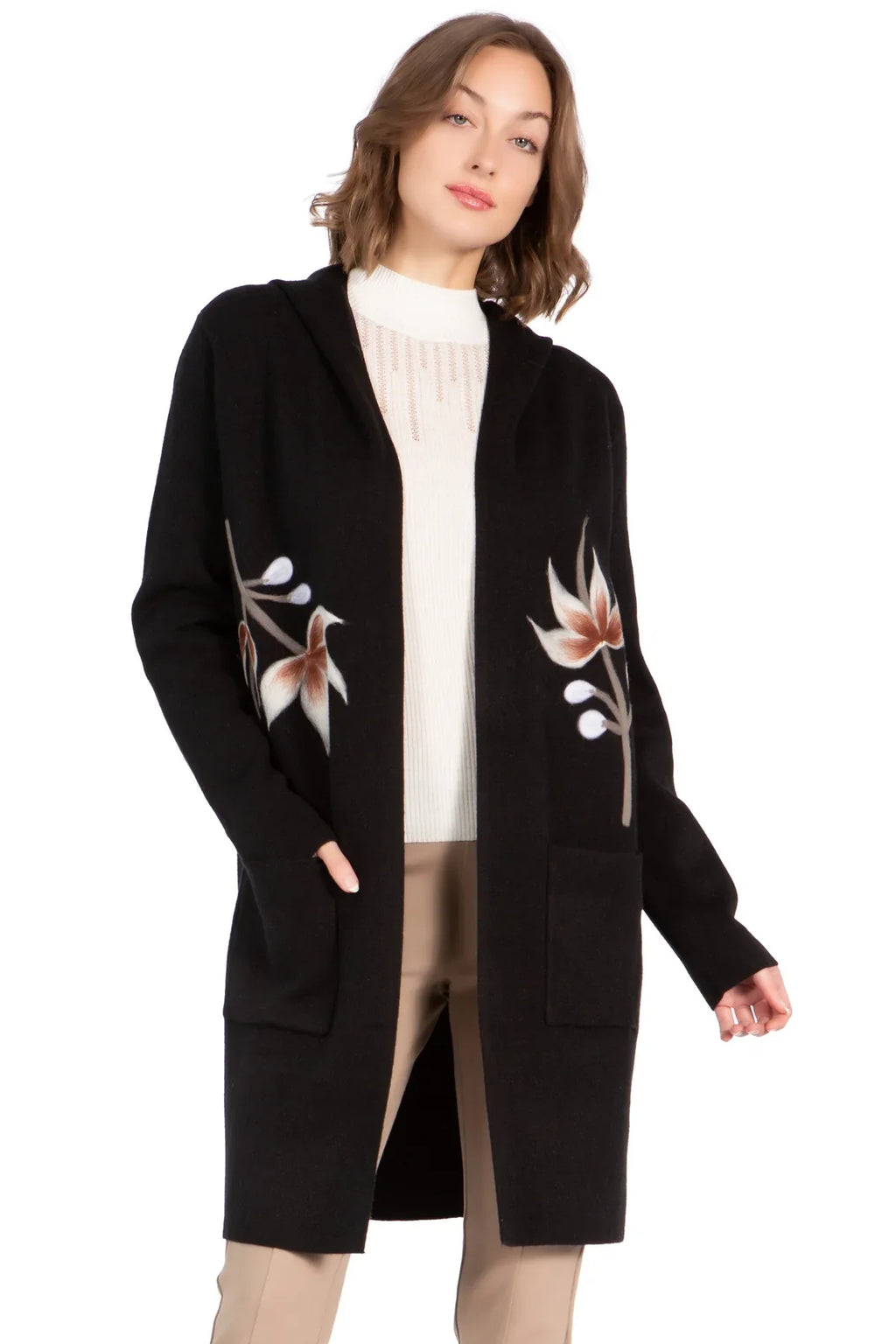 KADOU BOUTIQUE Cardigan Sweater with Hooded Collar — detail close-up