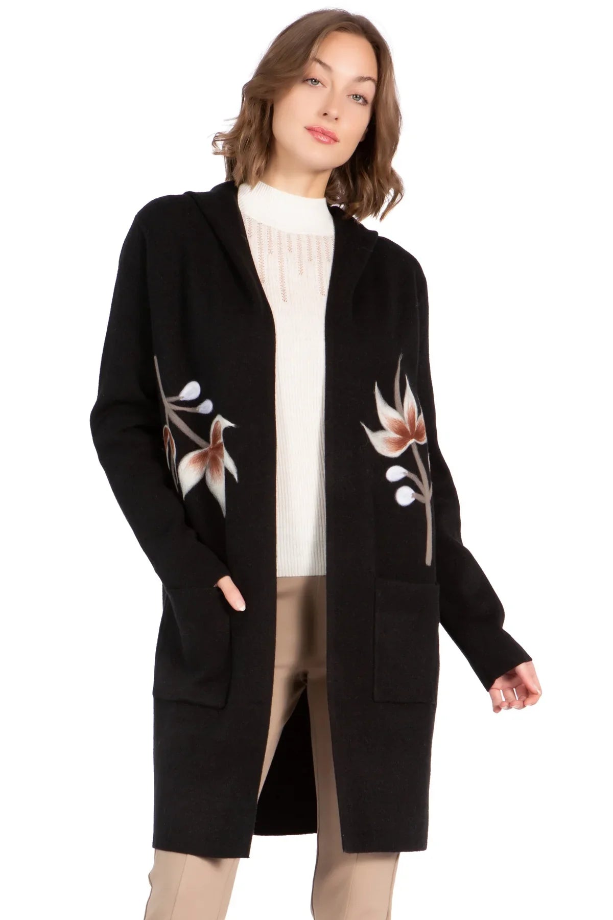 KADOU BOUTIQUE Cardigan Sweater with Hooded Collar — detail close-up