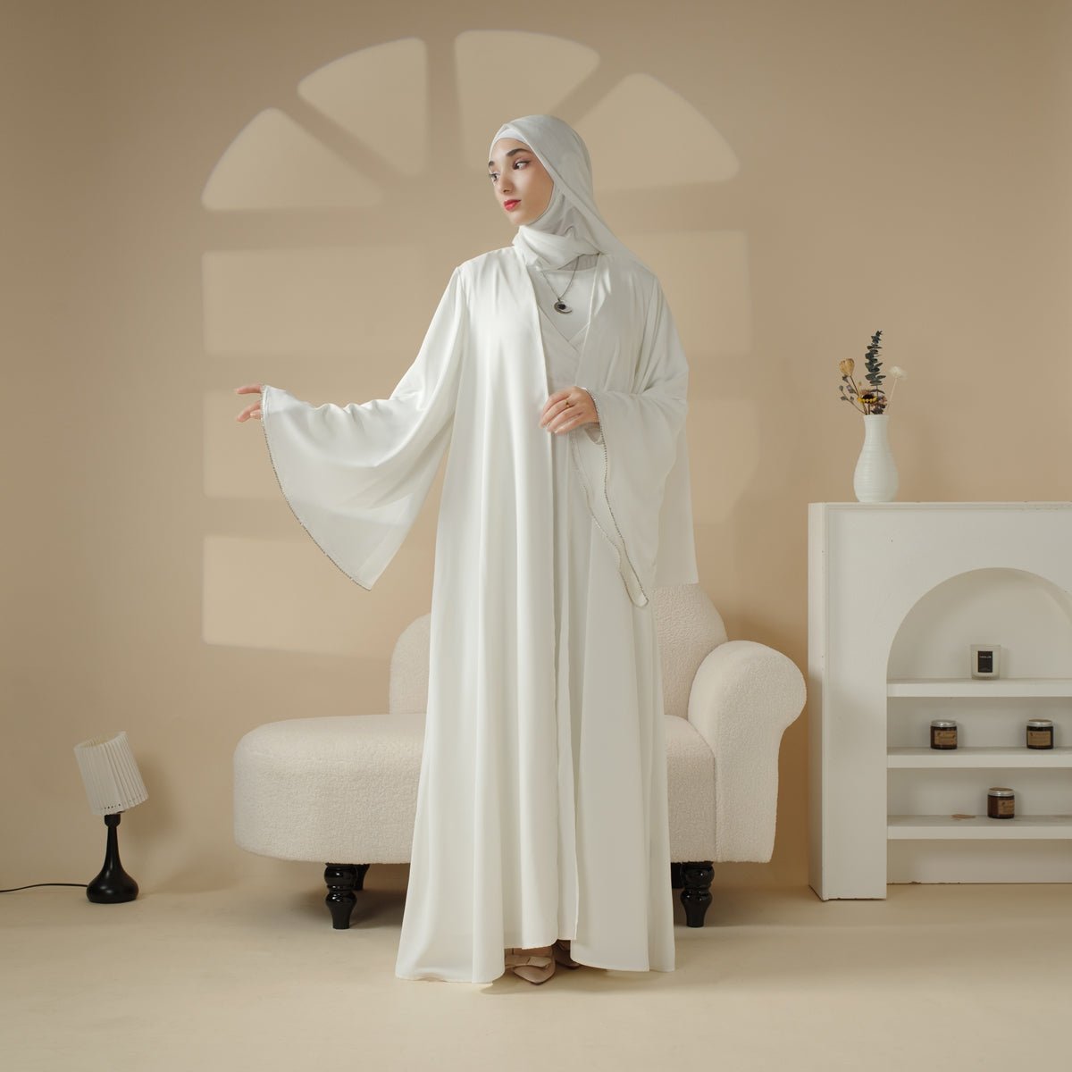 Mariam's Collection Open Kimono Abaya Set, Kimono Style Abaya 3-Piece Set (MOA094) — lifestyle worn / used context