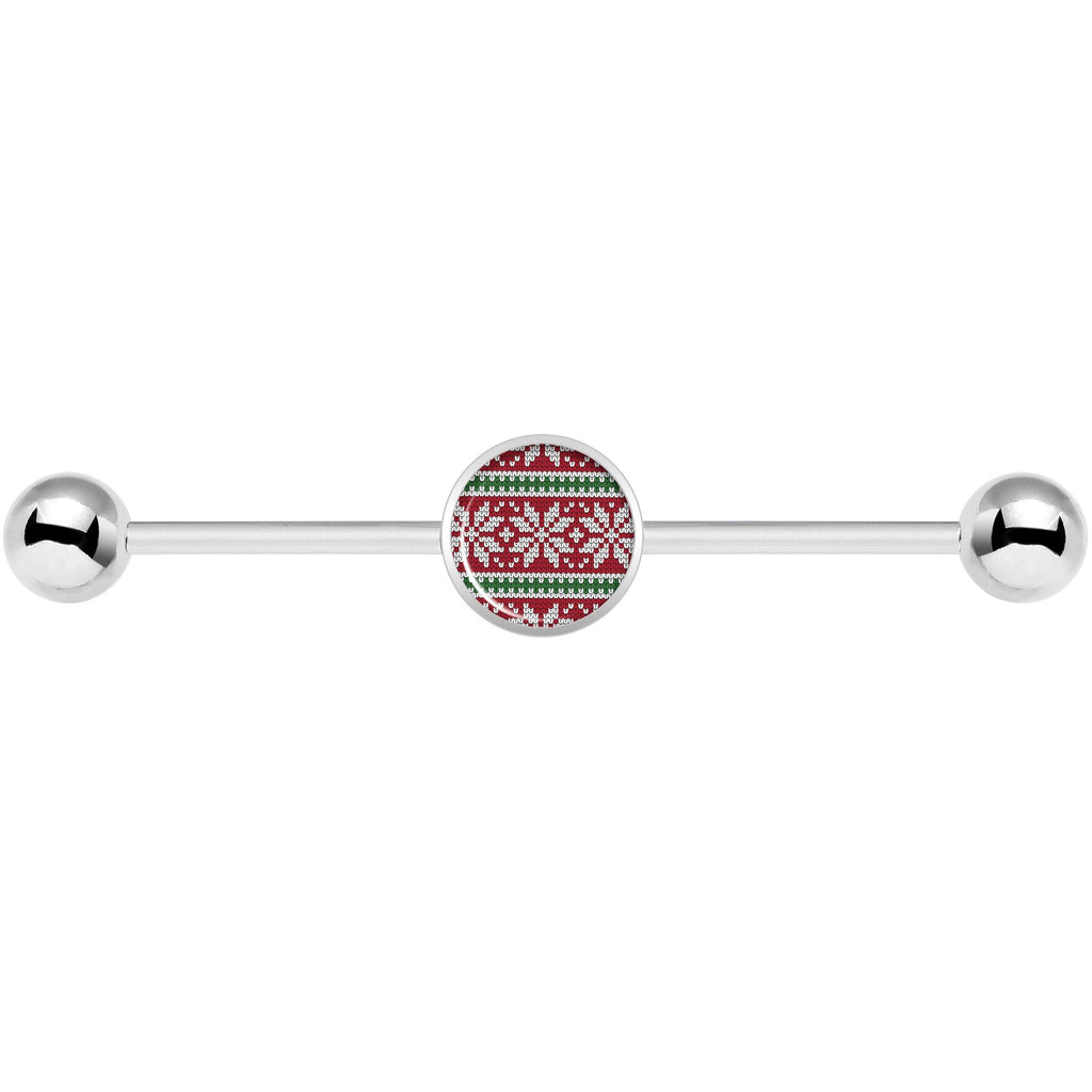 BodyCandy 14G Red Green Christmas Sweater Industrial Barbell 37mm — branding close-up