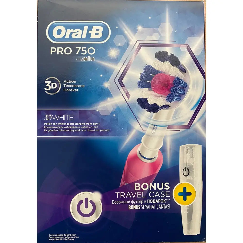 ORAL-B PRO 750 3D WHITE+ BONUS RECHARGEABLE TOOTHBRUSH + TRAVEL CASE