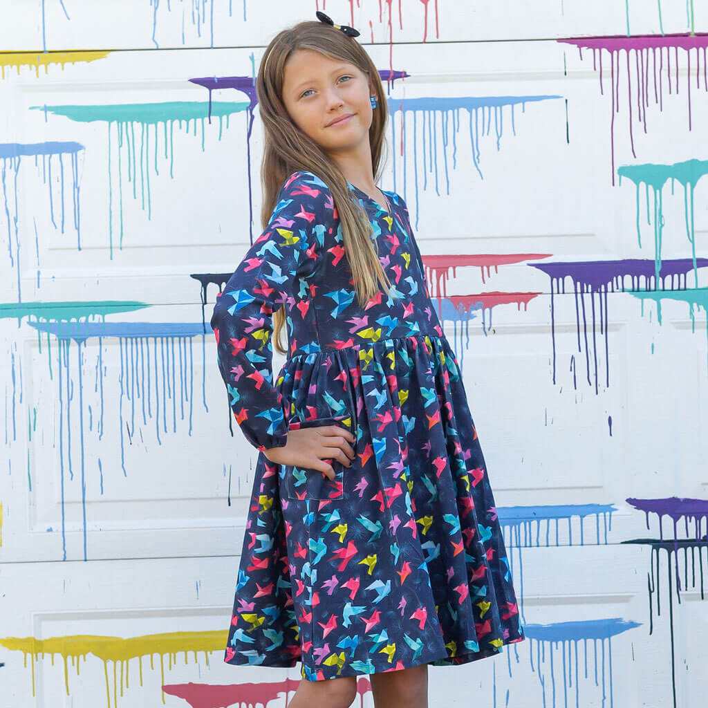 Princess Awesome & Boy Wonder "Flight of Fancy" Origami Birds Long Sleeve Dress with Patch Pockets — dresses category context