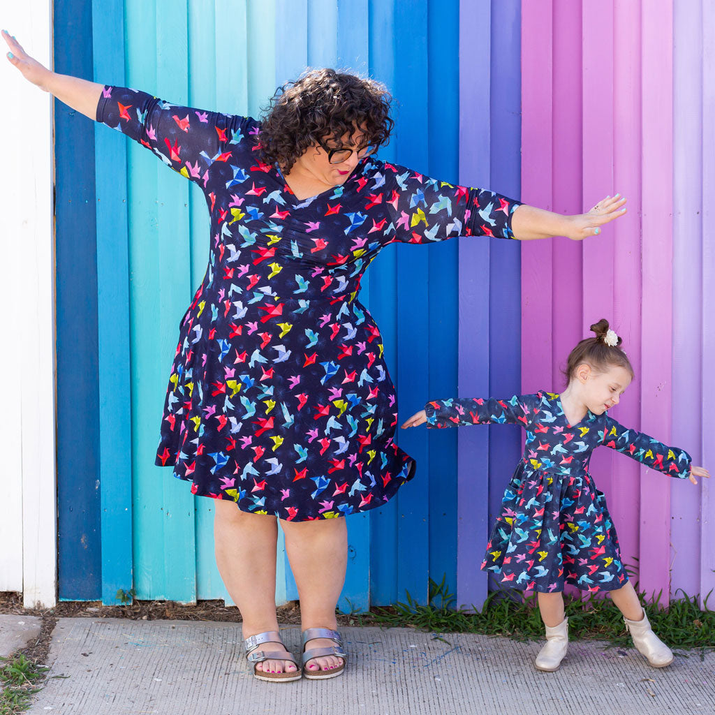 Princess Awesome & Boy Wonder "Flight of Fancy" Origami Birds Long Sleeve Dress with Patch Pockets — lifestyle worn / used context