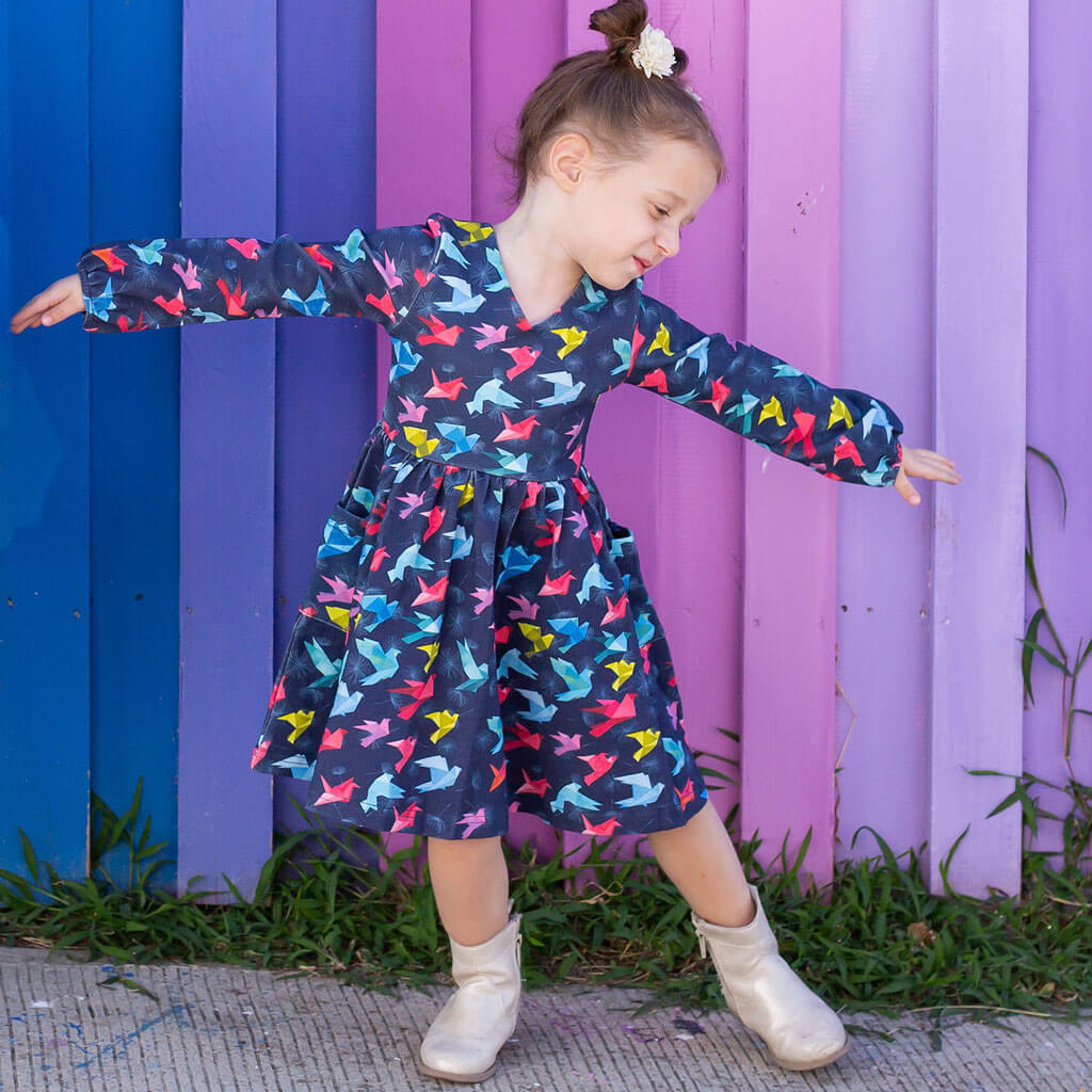 Princess Awesome & Boy Wonder "Flight of Fancy" Origami Birds Long Sleeve Dress with Patch Pockets — main product shot