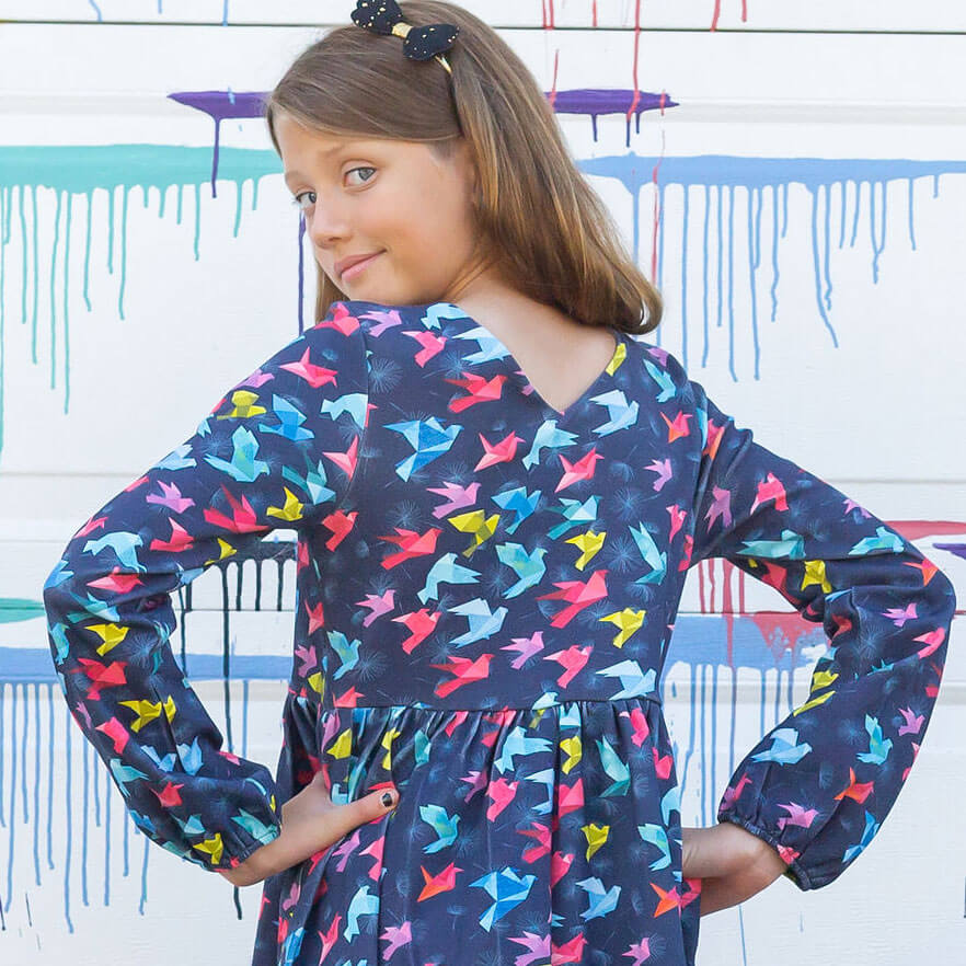 Princess Awesome & Boy Wonder "Flight of Fancy" Origami Birds Long Sleeve Dress with Patch Pockets — detail shot 6