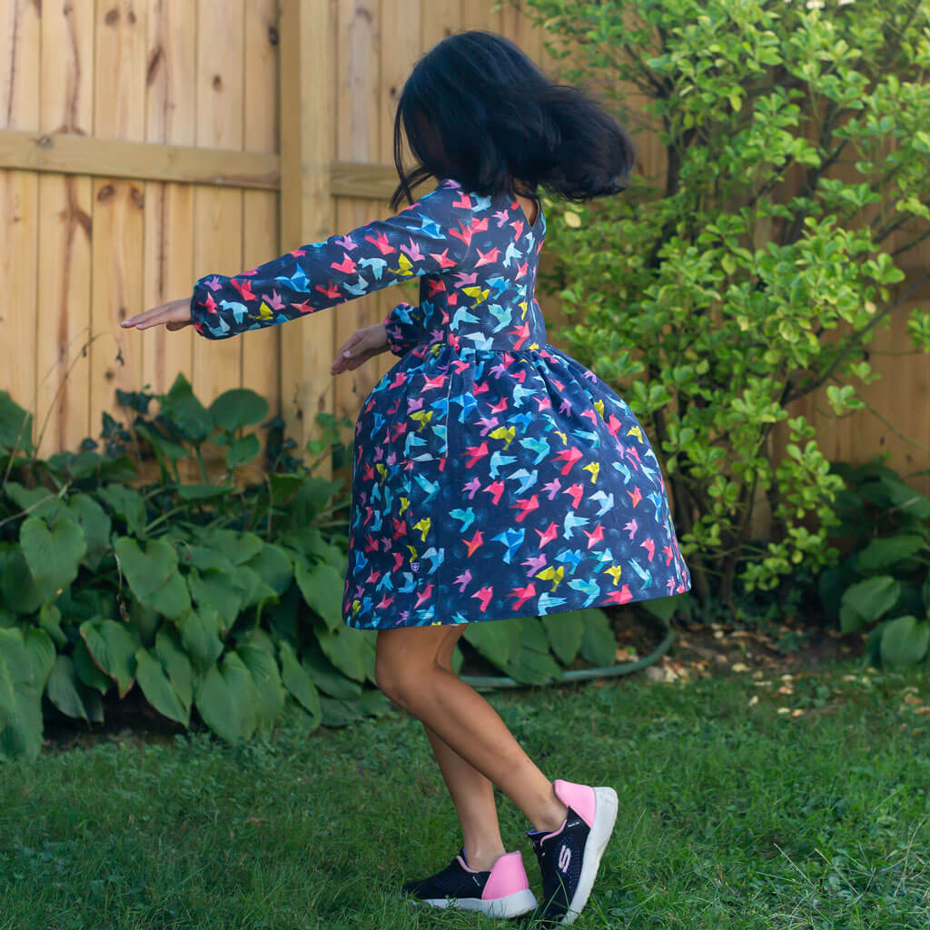 Princess Awesome & Boy Wonder "Flight of Fancy" Origami Birds Long Sleeve Dress with Patch Pockets — detail shot 7
