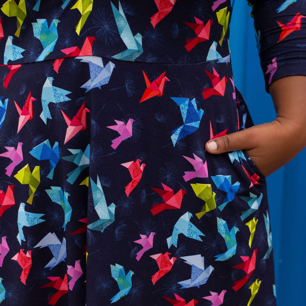 Princess Awesome & Boy Wonder Adult "Flight of Fancy" Origami Birds V-Neck A-Line Dress with Sleeves and Pockets — construction detail