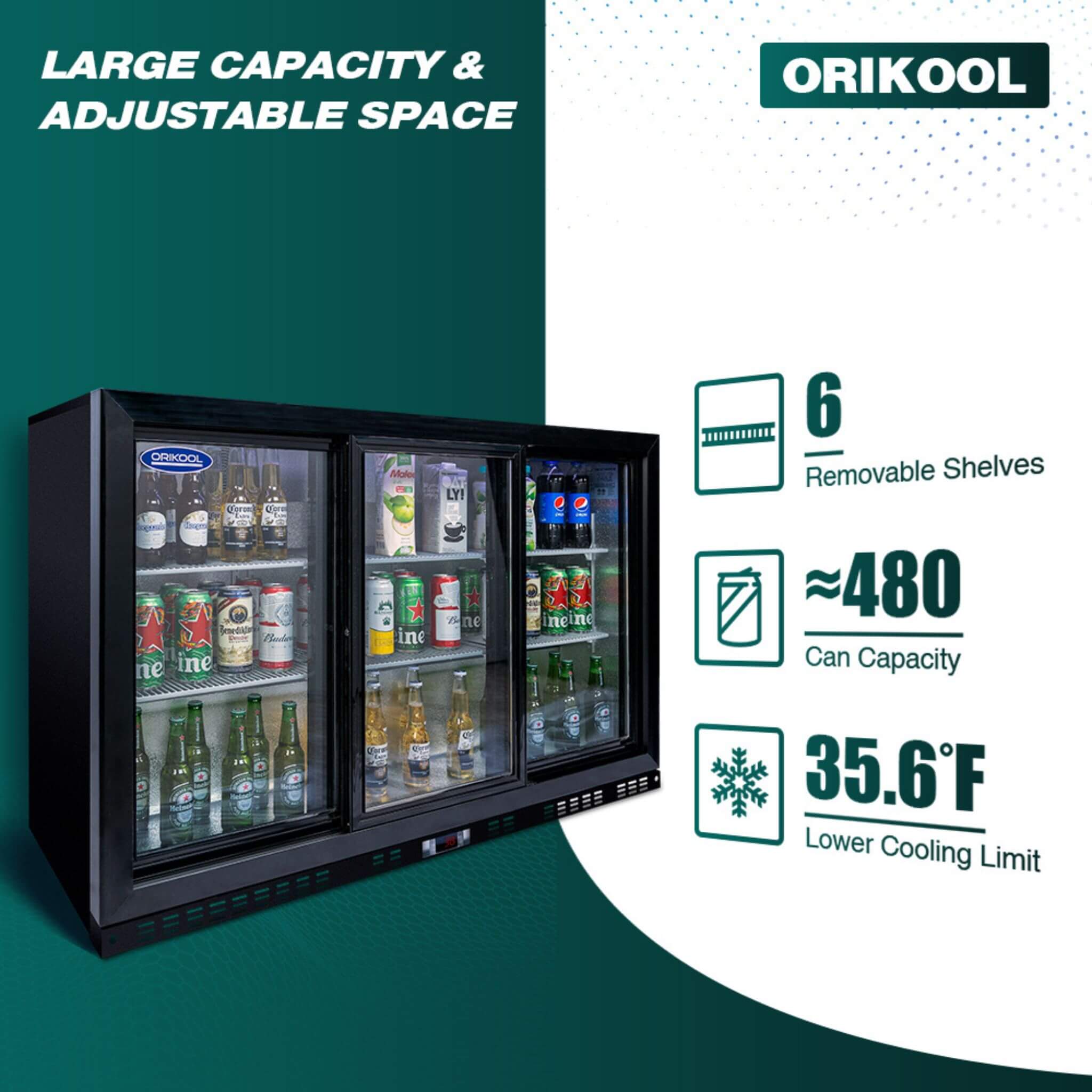 Orikool 53-Inch Energy Efficient Commercial Back Bar Drink Cooler With LED Lighting And 3 Glass Doors (SAK12097) – SAKSBY WHO