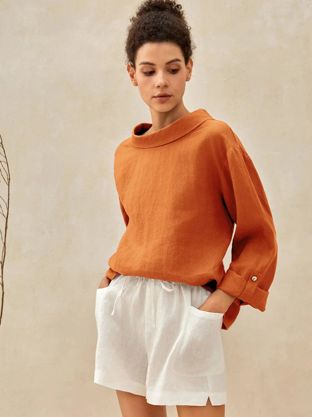 LINTICO 100% Linen Draped Neck Top HOLLIS — side view