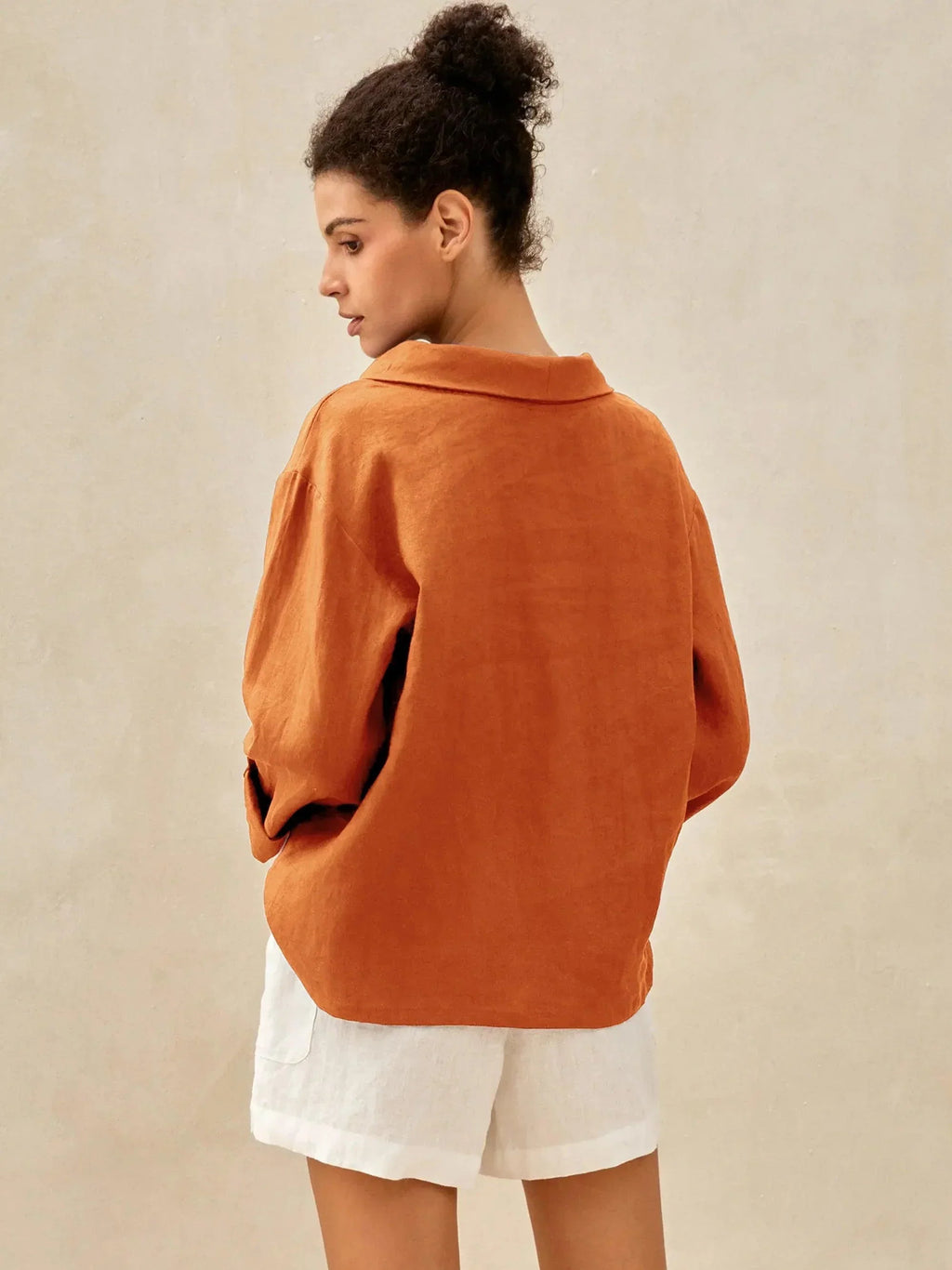 LINTICO 100% Linen Draped Neck Top HOLLIS — in-use photo