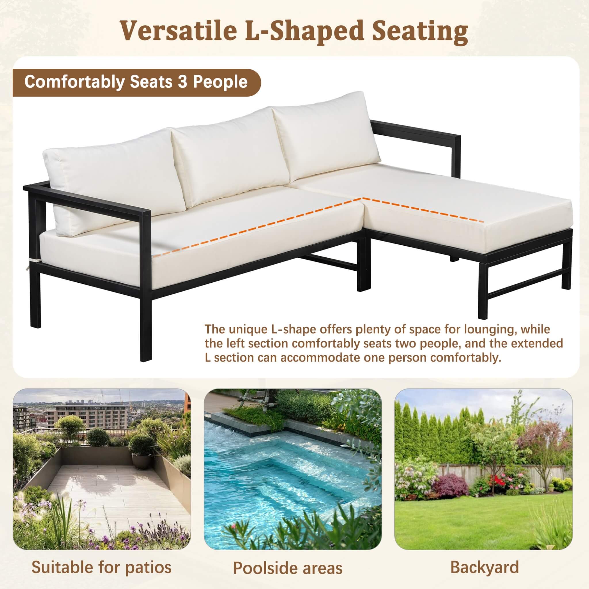 Alora Outdoor 3-Person L-Shaped Patio Sofa With Iron Frame And Thick Cushions [No Coffee Table] (SAK70213) – SAKSBY WHOLESALE