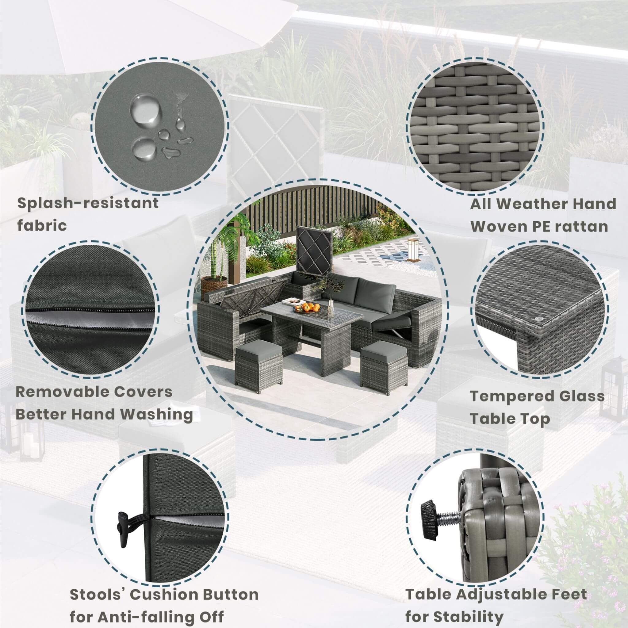Alora Outdoor 6-Piece All-Weather PE Rattan Sofa Set With Adjustable Seat, Storage Box, Removable Covers, And Tempered Glass 