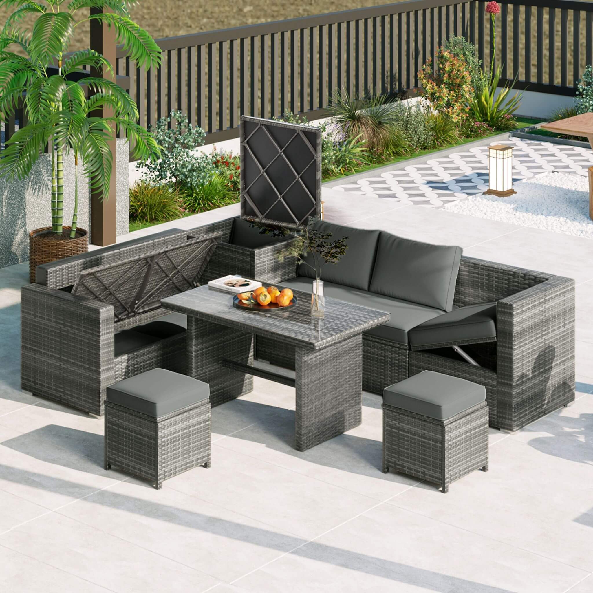 Alora Outdoor 6-Piece All-Weather PE Rattan Sofa Set With Adjustable Seat, Storage Box, Removable Covers, And Tempered Glass 