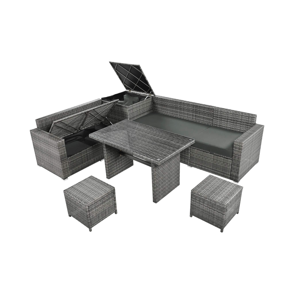 Alora Outdoor 6-Piece All-Weather PE Rattan Sofa Set With Adjustable Seat, Storage Box, Removable Covers, And Tempered Glass 