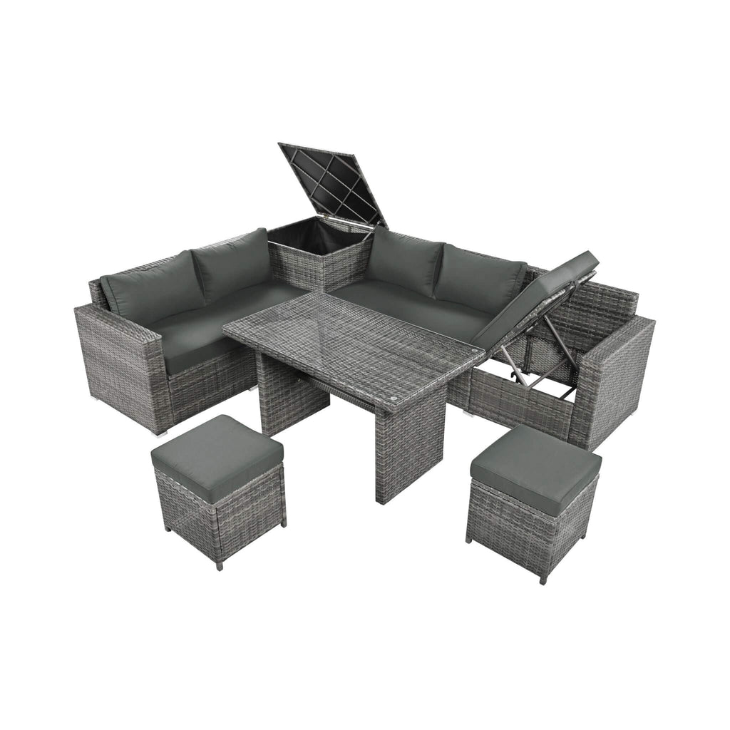 Alora Outdoor 6-Piece All-Weather PE Rattan Sofa Set With Adjustable Seat, Storage Box, Removable Covers, And Tempered Glass 