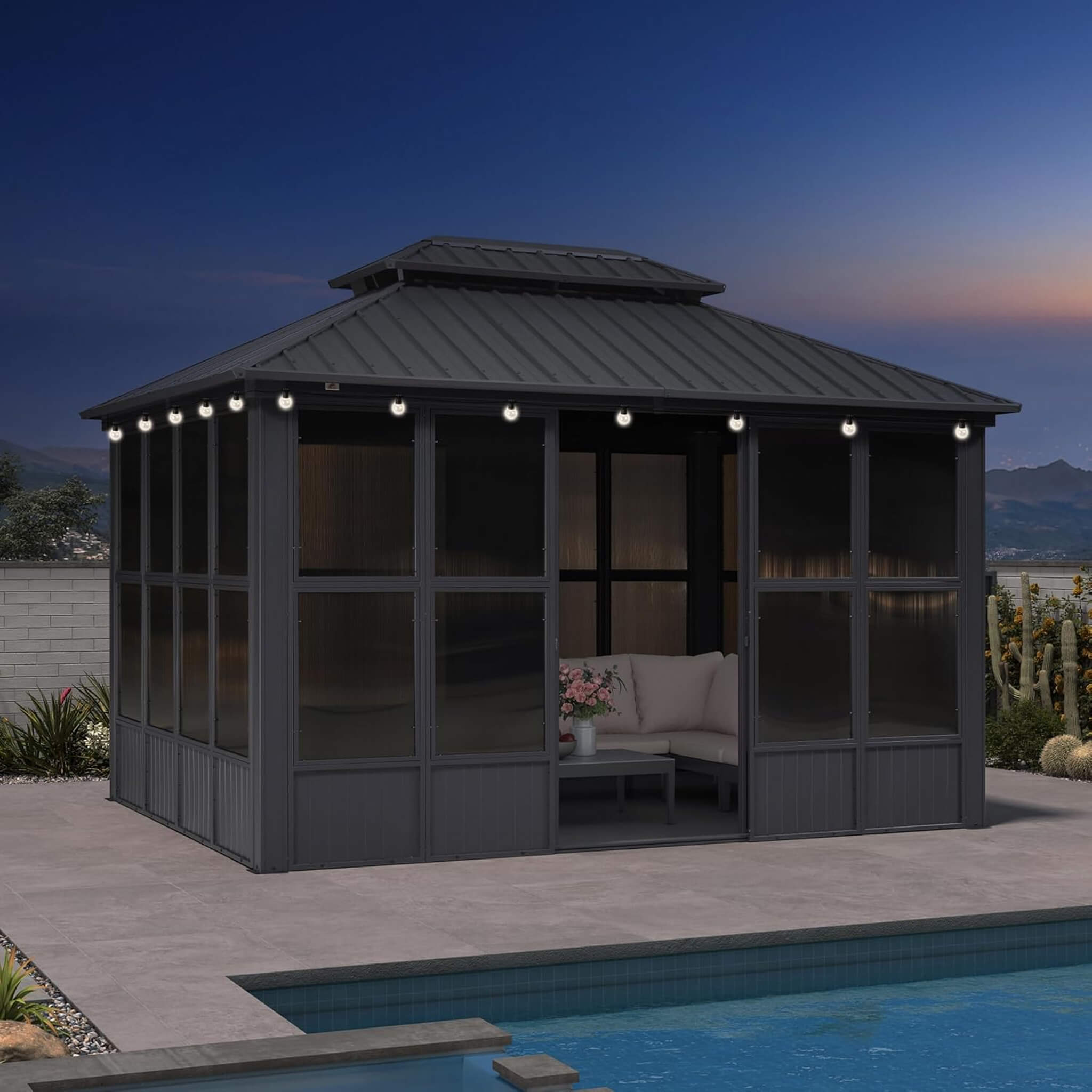 Alora Vista Outdoor Hardtop Aluminum Solarium With Double Roof And LED Lights (SAK42086) – SAKSBY WHOLESALE, view 10