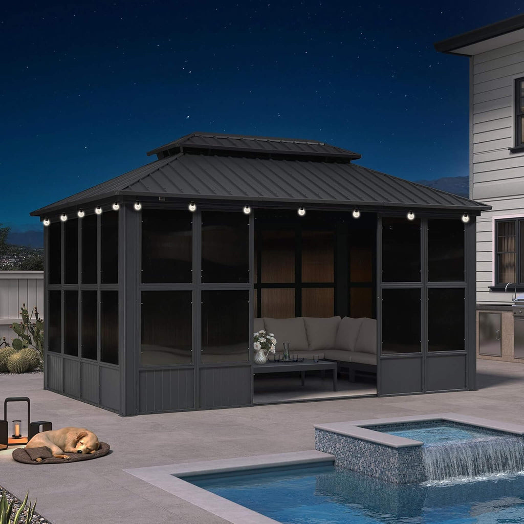 Alora Vista Outdoor Hardtop Aluminum Solarium With Double Roof And LED Lights (SAK42086) – SAKSBY WHOLESALE, view 12