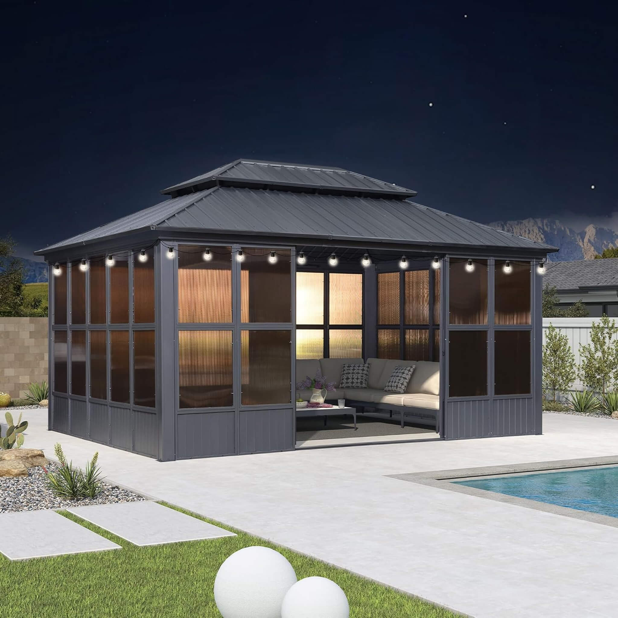 Alora Vista Outdoor Hardtop Aluminum Solarium With Double Roof And LED Lights (SAK42086) – SAKSBY WHOLESALE, view 16
