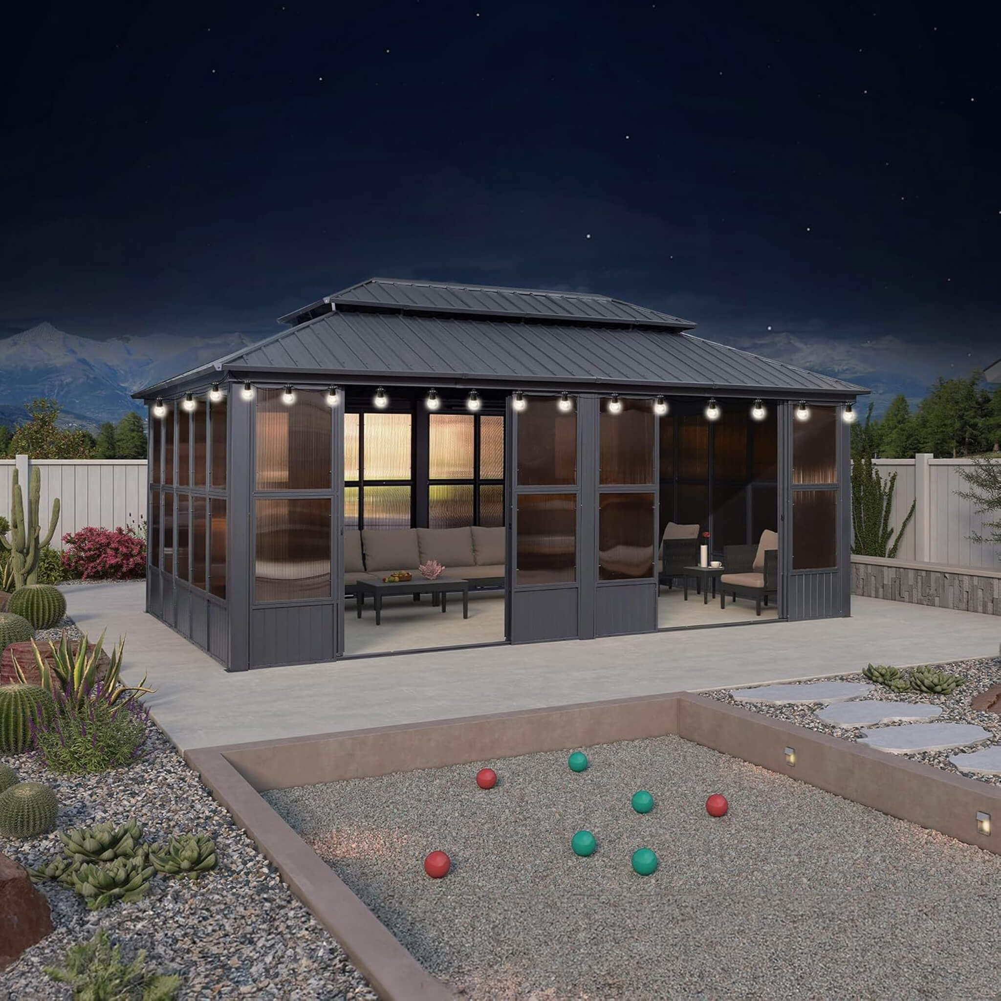 Alora Vista Outdoor Hardtop Aluminum Solarium With Double Roof And LED Lights (SAK42086) – SAKSBY WHOLESALE, view 18