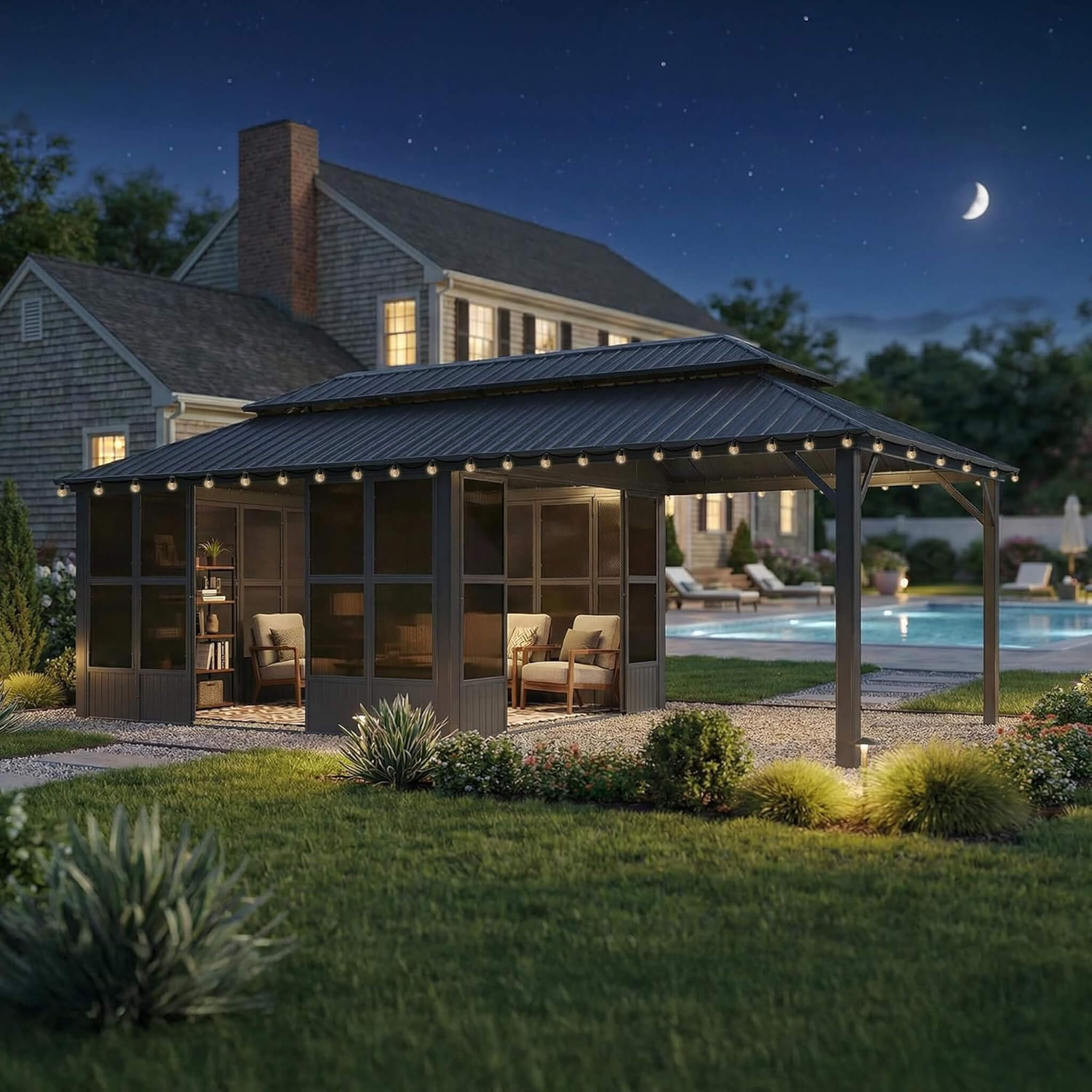 Alora Vista Outdoor Hardtop Aluminum Solarium With Double Roof And LED Lights (SAK42086) – SAKSBY WHOLESALE, view 20