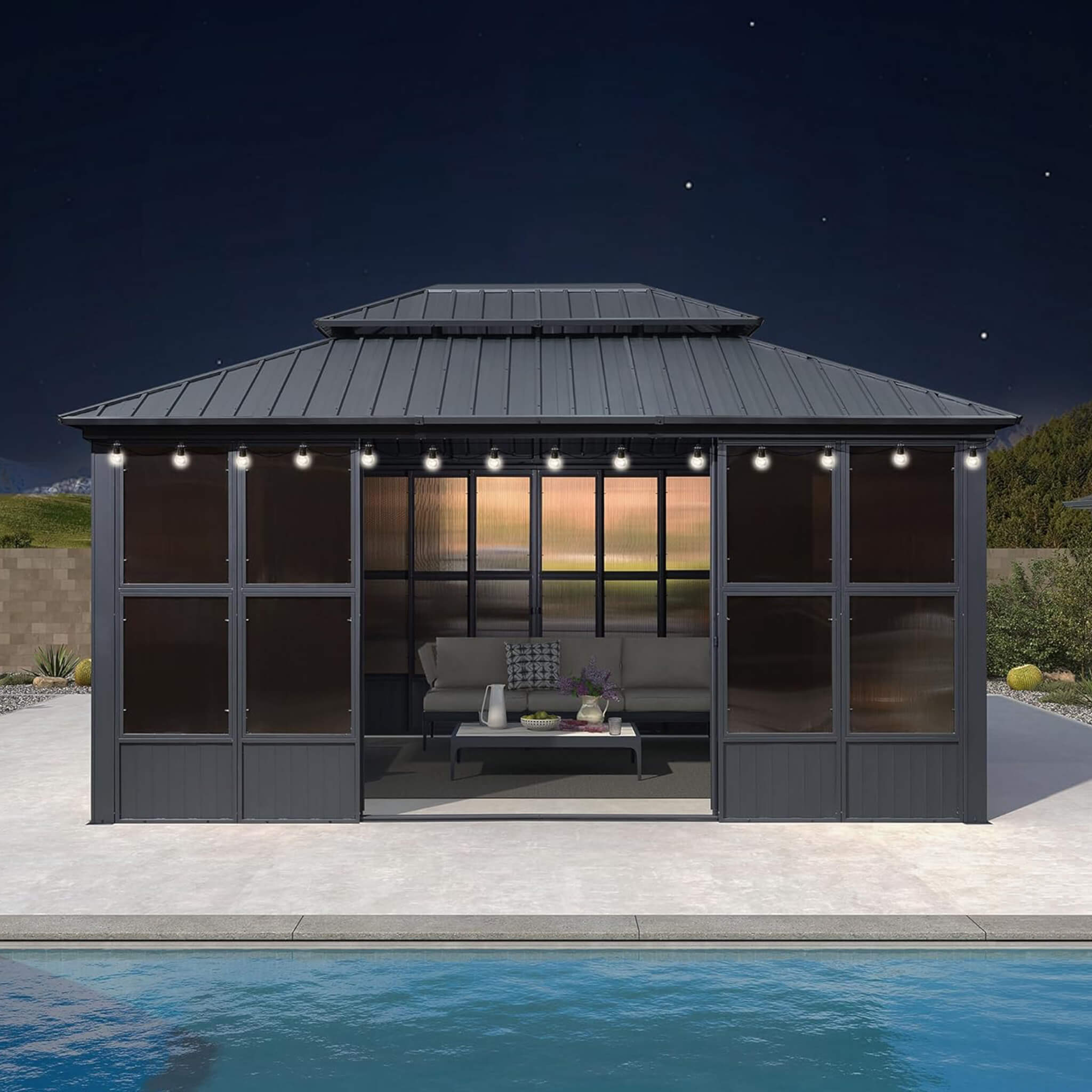 Alora Vista Outdoor Hardtop Aluminum Solarium With Double Roof And LED Lights (SAK42086) – SAKSBY WHOLESALE