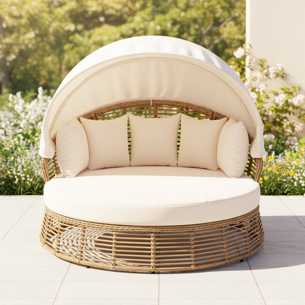 Alora 53-Inch Outdoor Patio Rattan Round Wicker Daybed With Retractable Canopy (SAK69241) – SAKSBY WHOLESALE