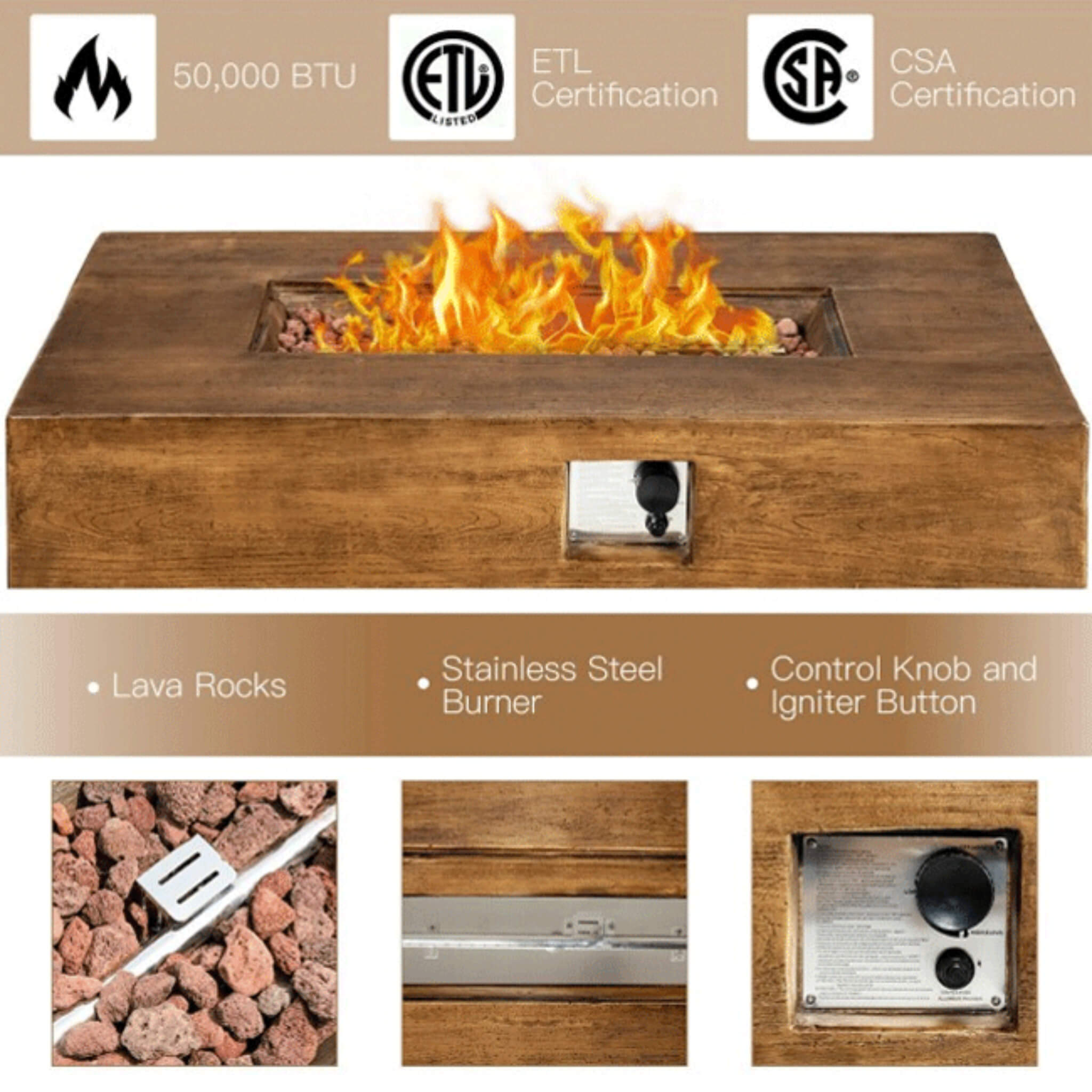 Alora Outdoor Propane Gas Fire Pit Table W/ Lava Rocks & Cover, 50K BTU (SAK94436) – SAKSBY WHOLESALE, view 6