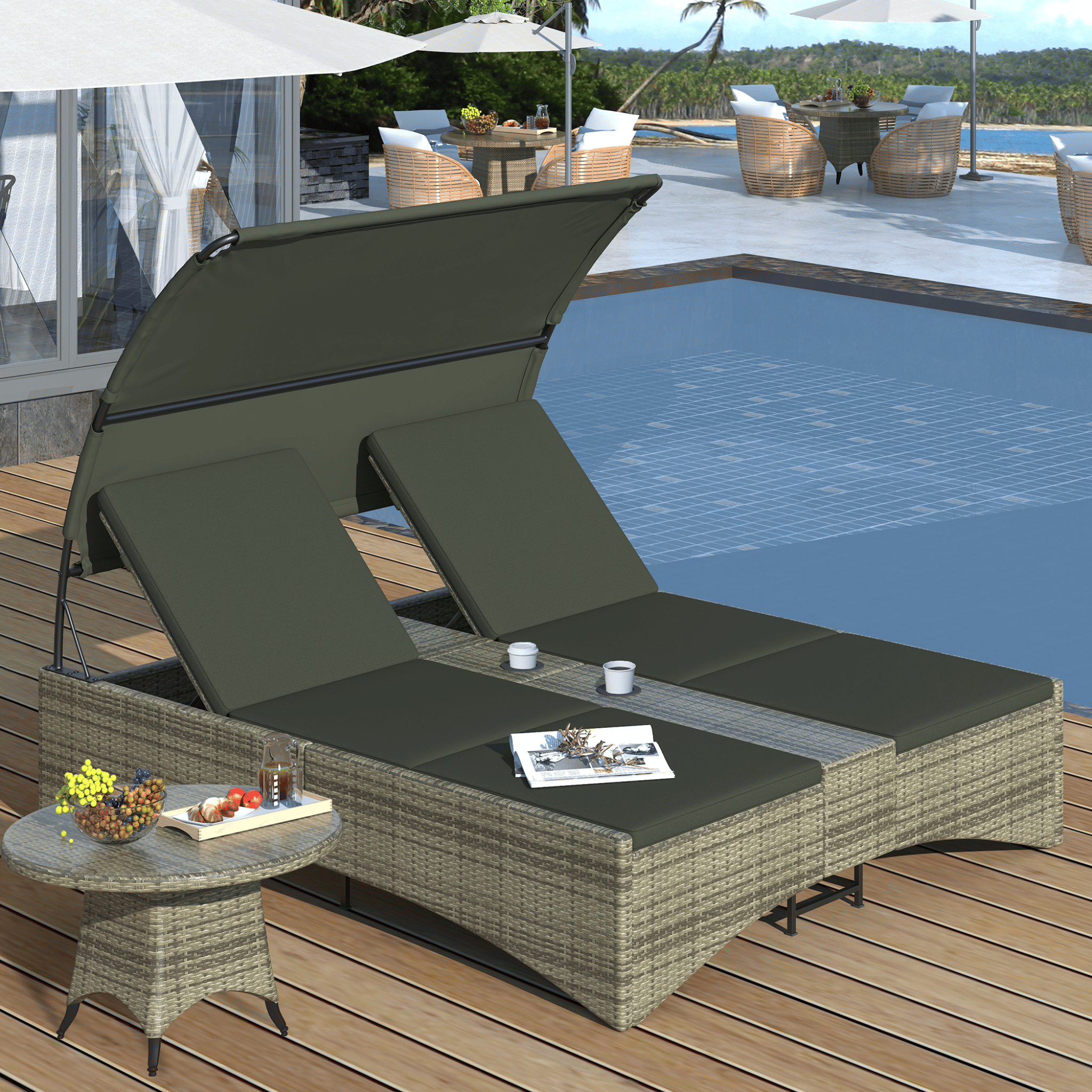 Alora Outdoor Rattan Patio Daybed With Adjustable Backrest, Canopy Roof, Storage Box And Cup Holders (SAK54220) – SAKSBY WHOL