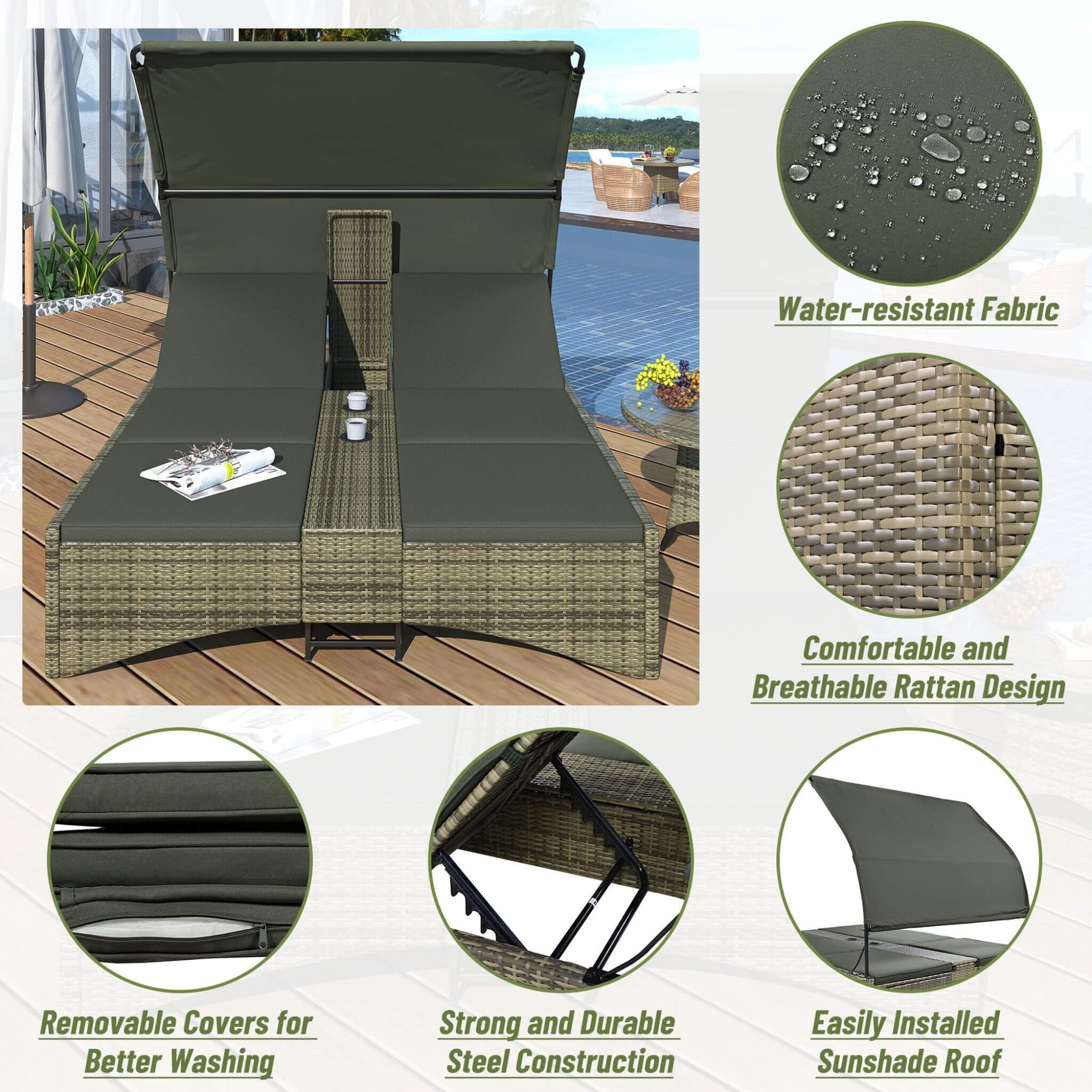 Alora Outdoor Rattan Patio Daybed With Adjustable Backrest, Canopy Roof, Storage Box And Cup Holders (SAK54220) – SAKSBY WHOL