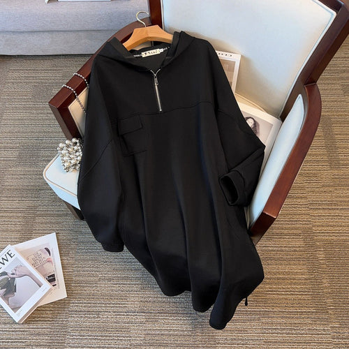Oversized Half-Zip Hoodie Dress | Plus Size Midi Sweatshirt Dress(MS196)