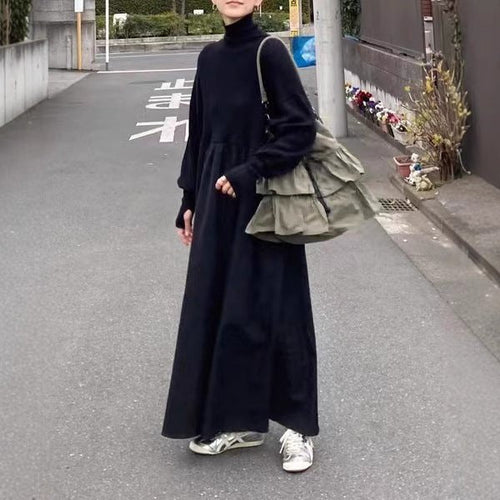 Oversized Turtleneck Maxi Dress | Bubble Sleeve Sweater Dress(MS180)