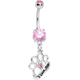 Pink Gem I Love You Brass Knuckles Dangle Belly Ring
