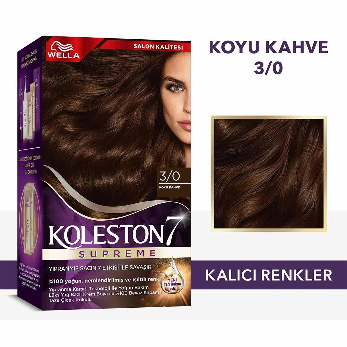 Wella Koleston Supreme Dark Brown Hair Dye 3/0 - Intense Color, Gray Coverage & Shine - Permanent At-Home Hair Color Kit