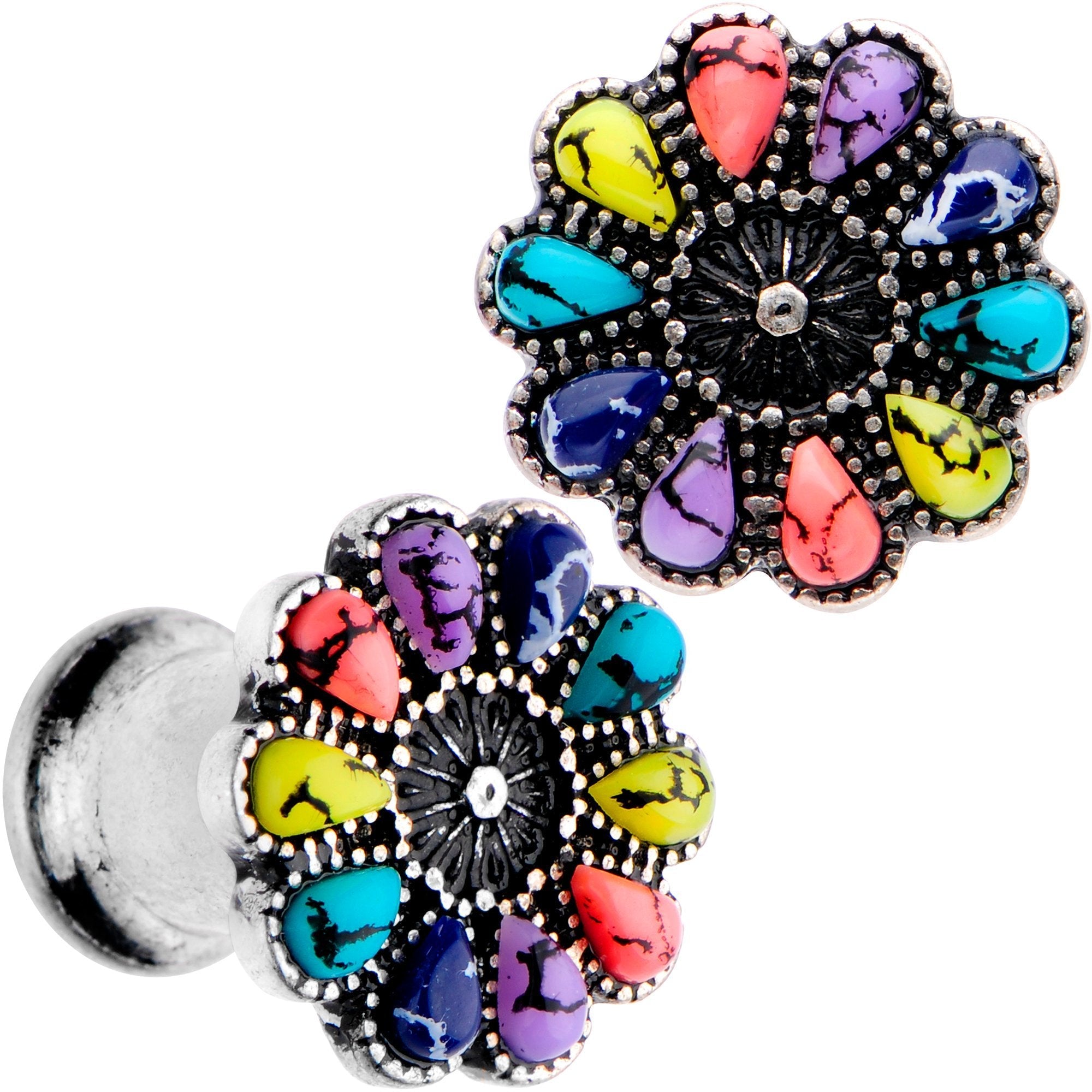 BodyCandy Southwestern Pinwheel Flower Double Flare Plug Set Set 2G to 22mm — in-use photo