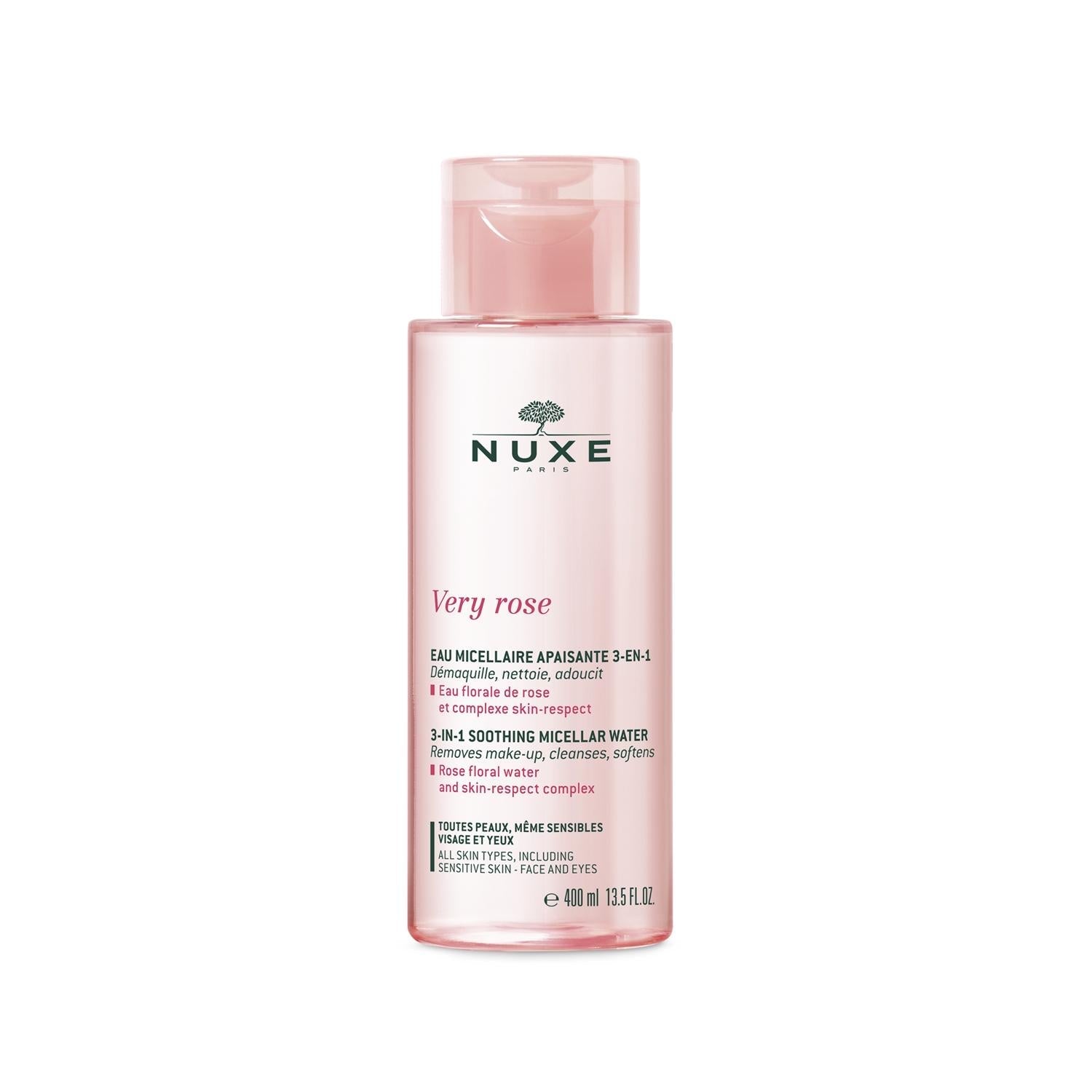 Nuxe Very Rose 3-in-1 Micellar Water - Gentle Skincare for Sensitive Skin, Soothing & Calming Properties, 13.53 fl oz