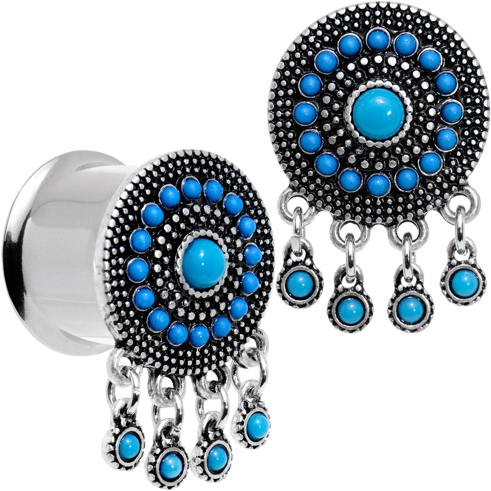 BodyCandy Southwest Blue Drum Dreamcatcher Dangle Double Flare Plug Set 6mm to 25mm — color detail